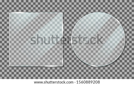 Glass with reflection effect in mockup style. Acrylic and glass texture with glare. Digital screen window frame with glossy lights effect. Gloss plastic screen, realistic mirror on transparent. vector Royalty-Free Stock Photo #1560889208
