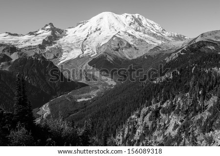 Black and white photo of Mt. Rainier in Washington, USA