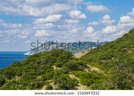 summer mountain landscape view, green grass, blue sky with white clouds and sea background.