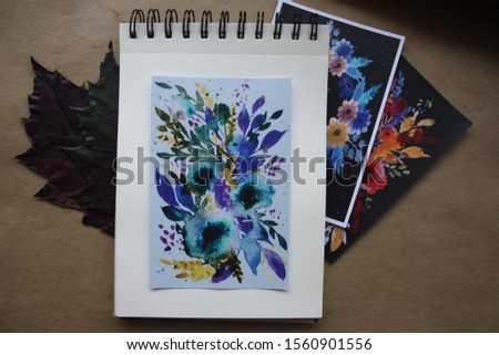 Photo with postcards, cards with flowers
