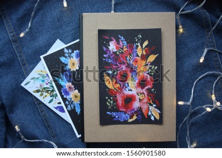 Photo with postcards, cards with flowers