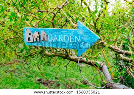 Green spring tree whith blue direction sign to garden. Bright branches and funny advertisement.