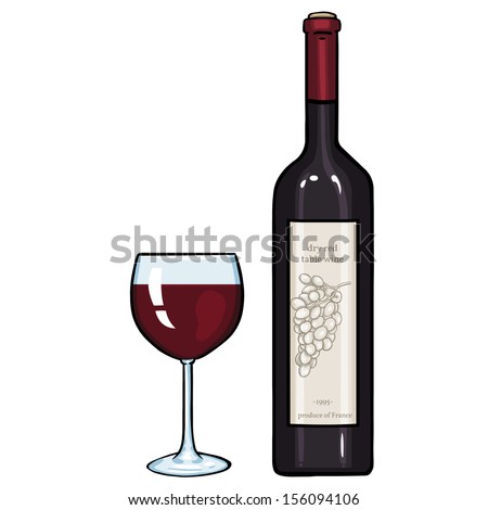 vector cartoon illustration: glass and bottle of red wine