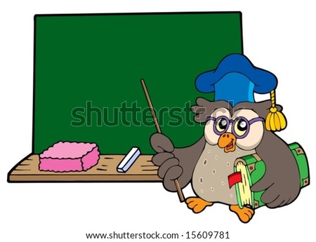 Owl teacher with book and blackboard - vector illustration.
