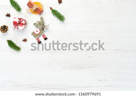 Christmas card. Gift boxes, Christmas tree and Christmas decorations on a white background. Top view.