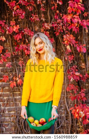 Vertical portrait of cheerful young woman holding apples in a green sweater. Autumn mood. Slim woman with fruits at autumn garden. Old brick wall with climbing grapes on background