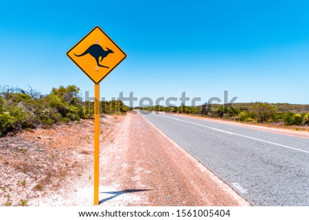 Yellow kangaroo sign on Australian country road. Warning sign for kangaroos crossing the road