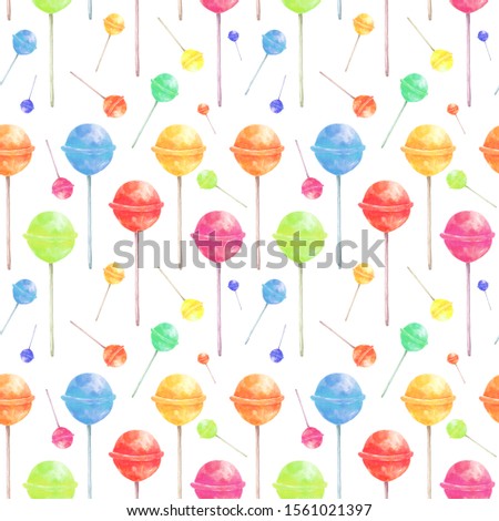 Watercolor illustration, seamless pattern "Multi-colored sweets on a stick." On white background. Bright print. For printing on textiles, wrapping paper and for other purposes.