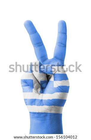 Hand making the V sign, Greece flag painted as symbol of victory, win, success - isolated on white background