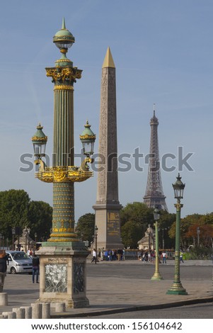 Paris, France - Egyptian obelisk at Place de la Concorde with Eiffel Tower in background