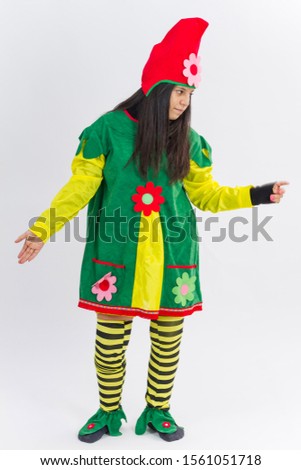 Cute gnome girl in white background with green costume