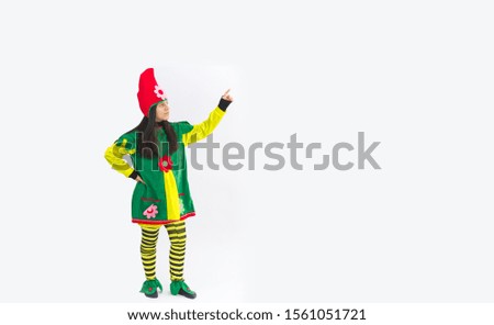 Cute gnome girl in white background with green costume