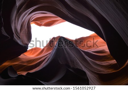 Inside a slot canyon, looking up at the light beyond the textured stone.