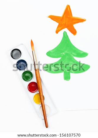 painted fir tree and watercolor set