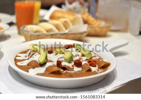 Authentic Mexican dish of "Enfrijoladas". Tortillas rolled with chicken, cream cheese, chorizo, avocado and bathed in beans. Mexican traditional gastronomy.