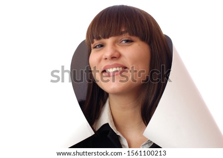 Beautiful young caucasian white woman poses with paper sheet on hands on isolated background. Businesswoman portrait