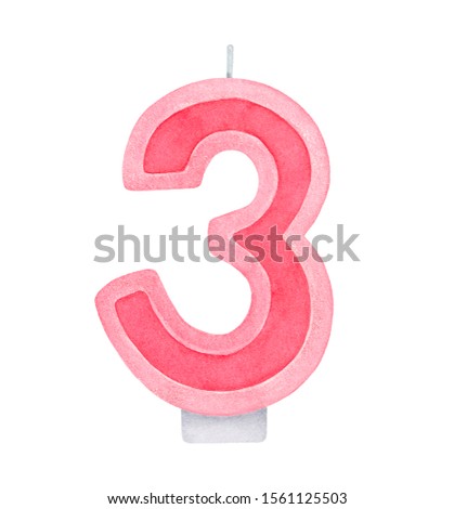Watercolour illustration of pink "Number 3" candle decorated with silver glitter. One single object. Hand painted water color drawing, cutout clip art element for design, invitation, greeting card.