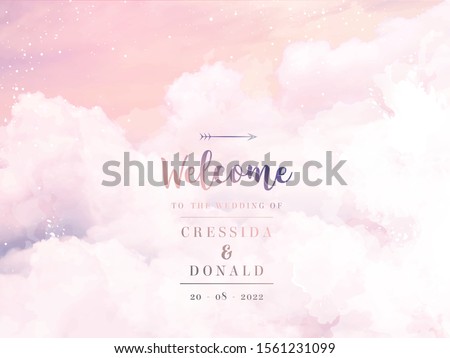 Sugar cotton pink clouds vector design background. Glamour fairytale backdrop. Plane sky view with stars and sunset. Watercolor style texture. Delicate card. Elegant decoration. Fantasy pastel color Royalty-Free Stock Photo #1561231099