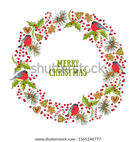 Merry Christmas. Lettering. Bullfinches. Gingerbread Cookie. Christmas tree. Berries. Frame - wreath. Holiday card. Isolated vector object.
