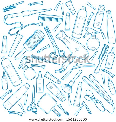 vector contour set of professional hairdresser, stylist items. linear minimalistic tools on a white background. hair dryer, combs, scissors, hair clips, hair cosmetics