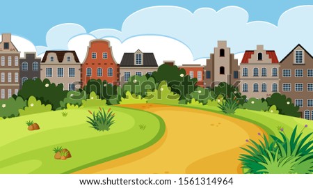 Nature scene with city buildings and park illustration