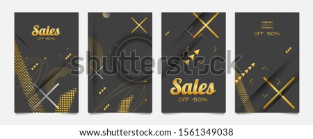 Modern geometric trend abstract set sale. Gold elements on a gray background composition, vector covers
