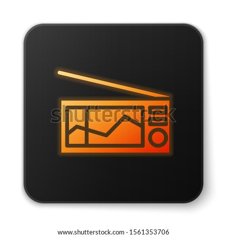 Orange glowing neon Radio with antenna icon isolated on white background. Black square button. Vector Illustration