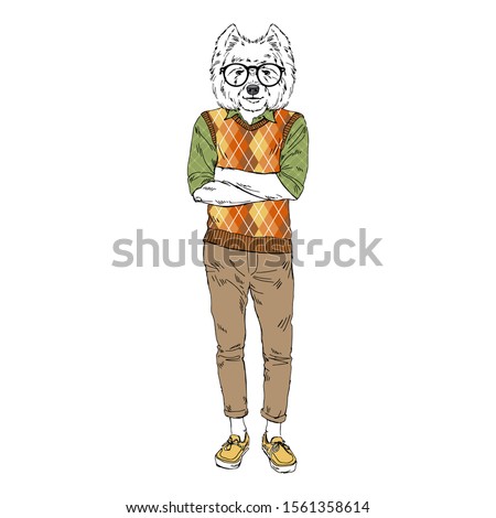Humanized West Highland white terrier breed dog dressed up in nerdy hipster outfits. Design for dogs lovers. Fashion anthropomorphic doggy illustration. Animal wear plaid shirt, trousers, glasses