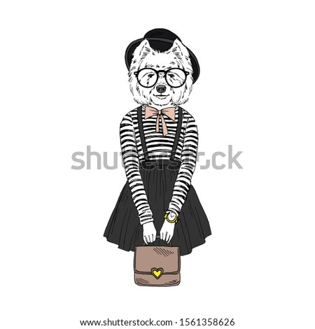 Humanized West Highland white terrier breed dog dressed up in hipster outfits. Design for dogs lovers. Fashion anthropomorphic doggy illustration. Hand drawn vector.
