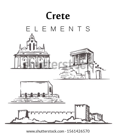 Set of hand-drawn Crete buildings, elements sketch vector illustration. The Palace of Knossos, the Ancient city of Gortys, Arkadi Monastery, the castle of Frangokastello. Royalty-Free Stock Photo #1561426570