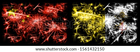 China, Chinese vs Vatican city New Year celebration travel sparkling fireworks flags concept background. Combination of two abstract states flags.

