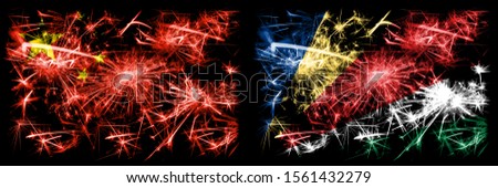 China, Chinese vs Seychelles, Seychelloise New Year celebration travel sparkling fireworks flags concept background. Combination of two abstract states flags.
