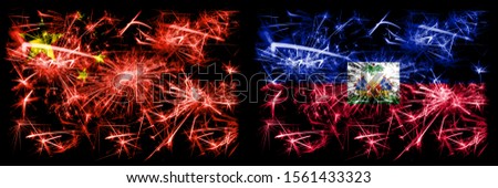China, Chinese vs Haiti, Haitian New Year celebration travel sparkling fireworks flags concept background. Combination of two abstract states flags.
