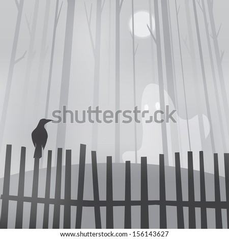 Halloween background with ravens on fence and ghost