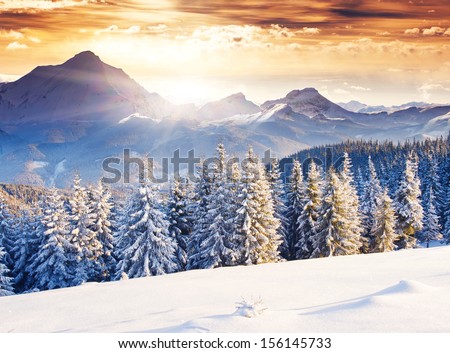Fantastic evening winter landscape. Dramatic overcast sky. Creative collage. Beauty world. Royalty-Free Stock Photo #156145733