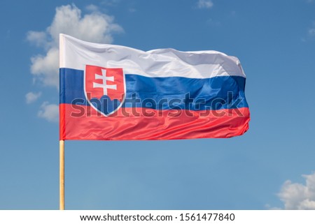 Slovak national flag waving on the wind on blue sky backgroundwith white clouds