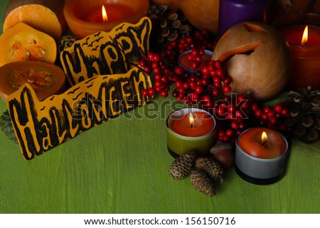 Composition for Halloween with on wooden table close-up