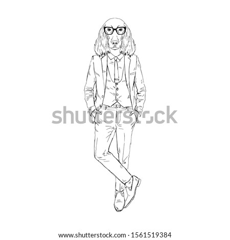 Humanized Irish Setter breed dog dressed up in retro outfits. Design for dogs lovers. Fashion anthropomorphic doggy illustration. Animal wear suit, tie, glasses. Hand drawn vector.