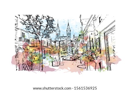 Building view with landmark of Alberobello is a town in Italy’s Apulia region. Watercolor splash with Hand drawn sketch illustration in vector.