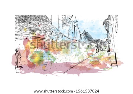 Building view with landmark of Alberobello is a town in Italy’s Apulia region. Watercolor splash with Hand drawn sketch illustration in vector.