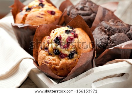 blueberry and chocolate muffins in paper cupcake holder Royalty-Free Stock Photo #156153971