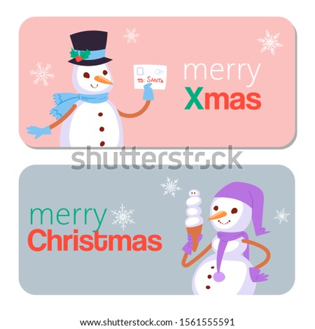 Winter holidays snowman vector illustration. Cheerful snowmen in different costumes. Snowmen in earphones, with birds, snow man with cake and gifts in circle with merry christmas quote.