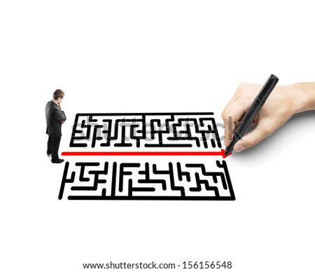 businessman looking like a hand drawing a labyrinth