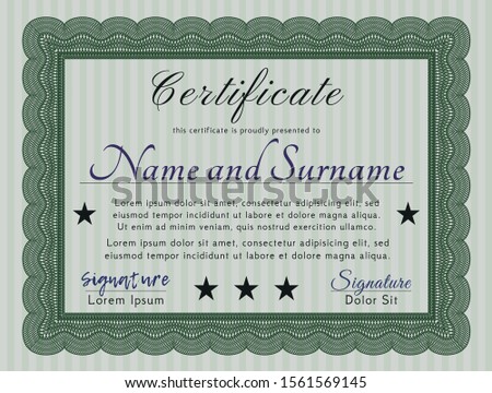 Green Certificate template. With great quality guilloche pattern. Elegant design. Vector illustration. 
