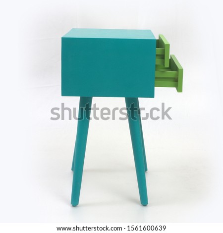 Blue green wooden table with cabinet isolated on white background. Interior design Inspiration. Furniture modern inspiration. Home living. Wooden Wardrobe inspiration. Scandinavian Interior.