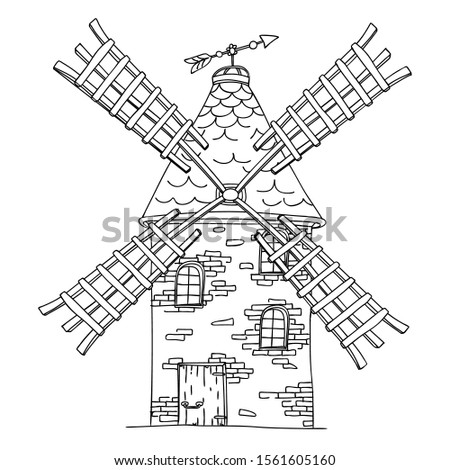Оld, vintage windmill. The black outline, coloring book on isolated background. Mechanism that grinds grain. Vector illustration.