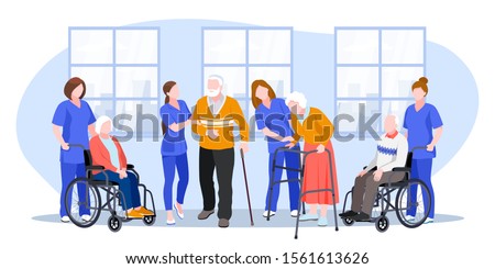Nurse taking care about seniors people in hospital. Vector flat cartoon illustration. Doctors help elderly people walk and ride wheelchair. Royalty-Free Stock Photo #1561613626