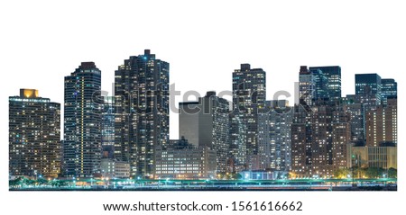 Skyscraper at night, high-rise building in Lower Manhattan, New York City, isolated white background with clipping path