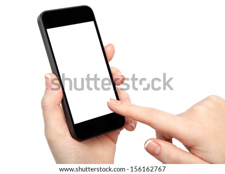 isolated woman hand holding the phone with isolated screen 