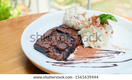 Brownies fudge with ice cream and whipped 